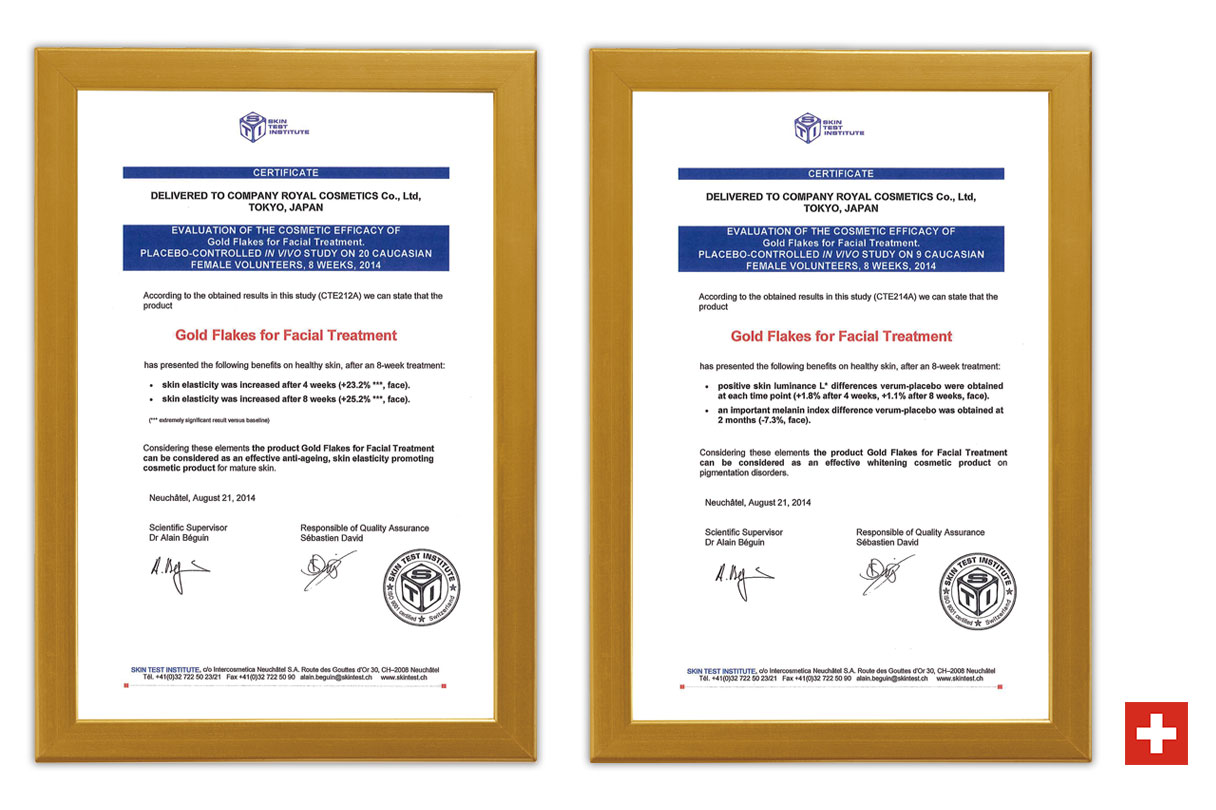 Royal Cosmetics, Gold Flake Skincare, Certificates